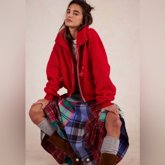 Free People Women's Red Alpine Sherpa Fleece Jacket Sz. Small - Picture 3 of 8